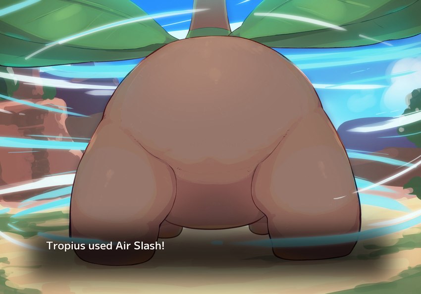 ambiguous_gender brown_body butt butt_focus day detailed_background faceless_ambiguous faceless_character faceless_feral featureless_crotch feral gameplay_mechanics macro monobutt outside rear_view solo standing text sukiya nintendo pokemon generation_3_pokemon pokemon_(species) tropius 2023 alternate_version_at_source digital_media_(artwork) english_text hi_res