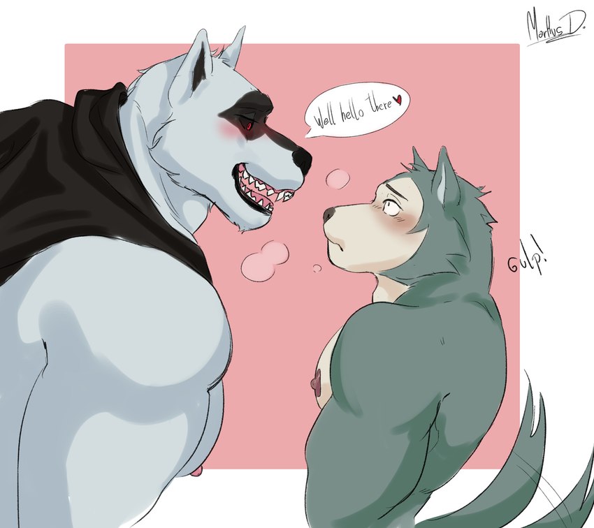 anthro blush duo eye_contact fur looking_at_another male male/male muscular muscular_anthro muscular_male nipples simple_background size_difference smile swallowing tail tail_motion tailwag markusd beastars dreamworks puss_in_boots_(franchise) death_(puss_in_boots) legoshi_(beastars) animal_humanoid canid canid_humanoid canine canine_humanoid canis humanoid mammal mammal_humanoid wolf wolf_humanoid crossover hi_res