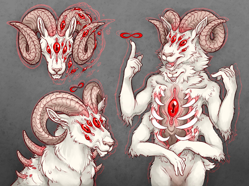 2_mouths 4_arms ambiguous_gender anthro body_horror bovid_horn caprine_horn chest_eye fleshcraft fleshcrafting fur gesture gradient_background hand_gesture horn humanoid_hands multi_arm multi_eye multi_limb multi_mouth pointing ram_horn red_eyes ribs simple_background solo white_body white_fur skullbird demon eldritch_abomination flesh_creature 2020 hi_res multiple_images