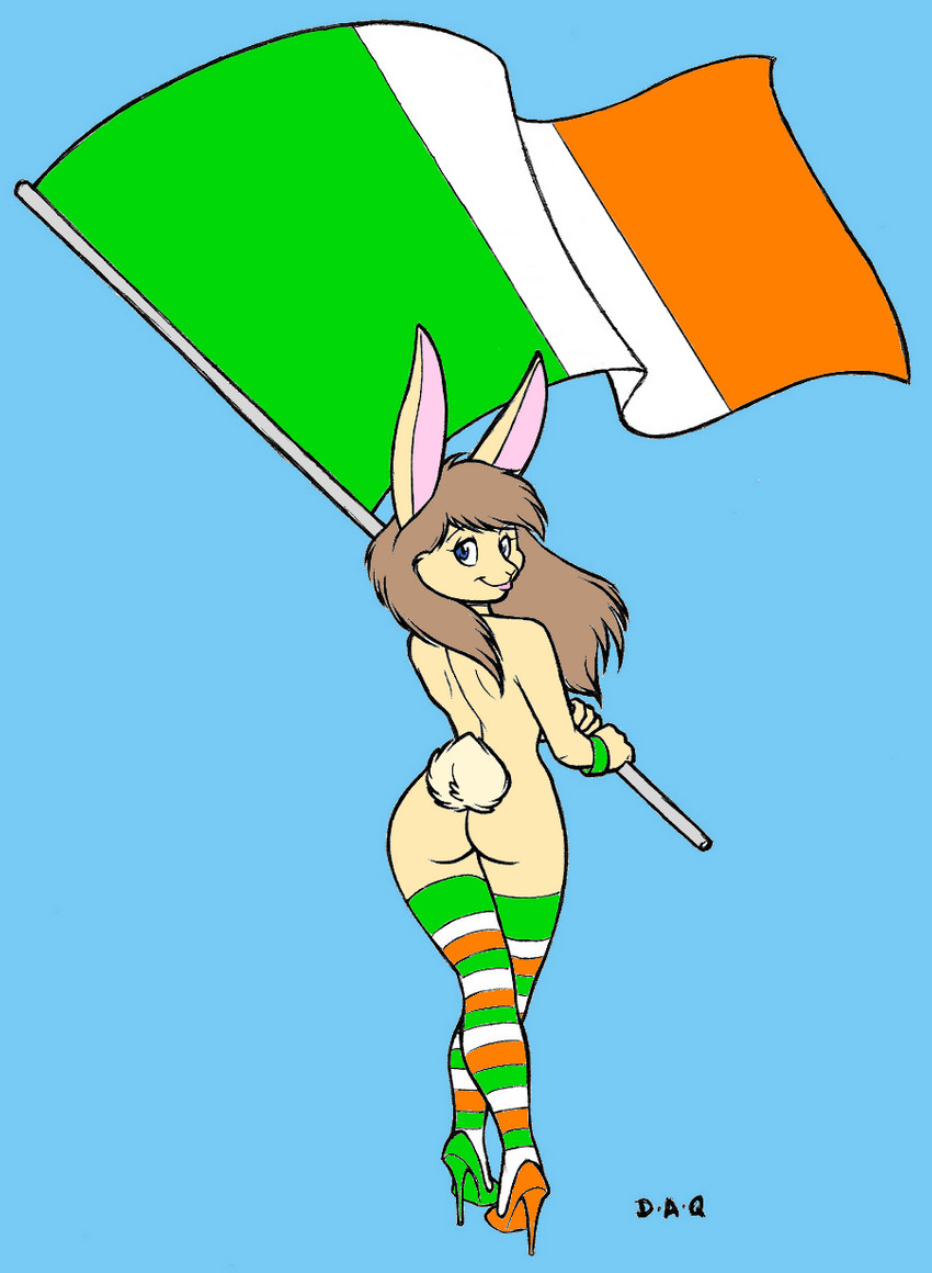 anthro butt clothing curvy_figure female flag flag_(object) flagpole footwear fur hair high_heels holding_flag holding_object holidays ireland irish_flag legwear long_hair looking_at_viewer looking_back mostly_nude nude rear_view scut_tail shoes short_tail simple_background smile solo stockings tail thigh_highs tri-color_flag voluptuous david_a_cantero st._patrick's_day lagomorph leporid mammal rabbit hi_res