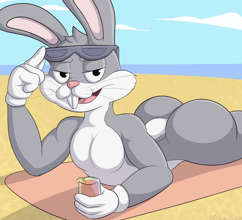 beach beverage bubble_butt butt container cup drinking_glass eyewear glass glass_container glass_cup male public public_nudity seaside solo sunbathing sunglasses mazilion looney_tunes warner_brothers bugs_bunny lagomorph leporid mammal rabbit