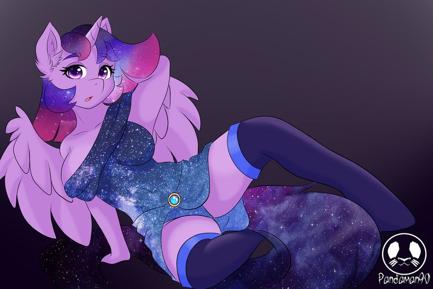 anthro big_breasts breasts clothing cosmic_hair ethereal_hair female horn jewelry legwear solo swimwear thigh_highs wings pandazar friendship_is_magic hasbro my_little_pony fan_character fusion_(character) princess_luna_(mlp) twilight_sparkle_(mlp) equid equine horse mammal pony 3:2