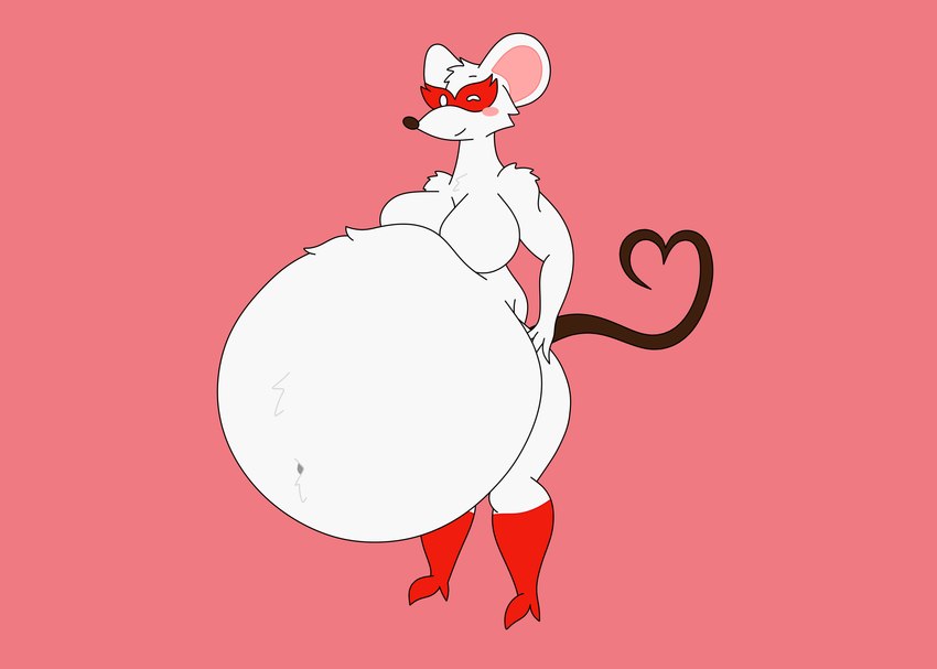 anthro anthro_pred arm_tuft belly belly_tuft big_belly boots breasts cheek_tuft chest_tuft clothing facial_tuft featureless_breasts female footwear fur gem hand_on_hip hand_on_own_hip head_tuft heart_shaped_tail huge_belly hyper hyper_belly leggings legwear looking_at_viewer mask navel navel_outline navel_tuft obese obese_anthro obese_female one_eye_closed overweight overweight_anthro overweight_female shoes shoulder_tuft solo tail tuft white_body white_fur wink winking_at_viewer mandro22 mario_bros nintendo paper_mario paper_mario:_the_thousand_year_door ms._mowz mammal mouse murid murine rodent squeek_(mario) absurd_res hi_res