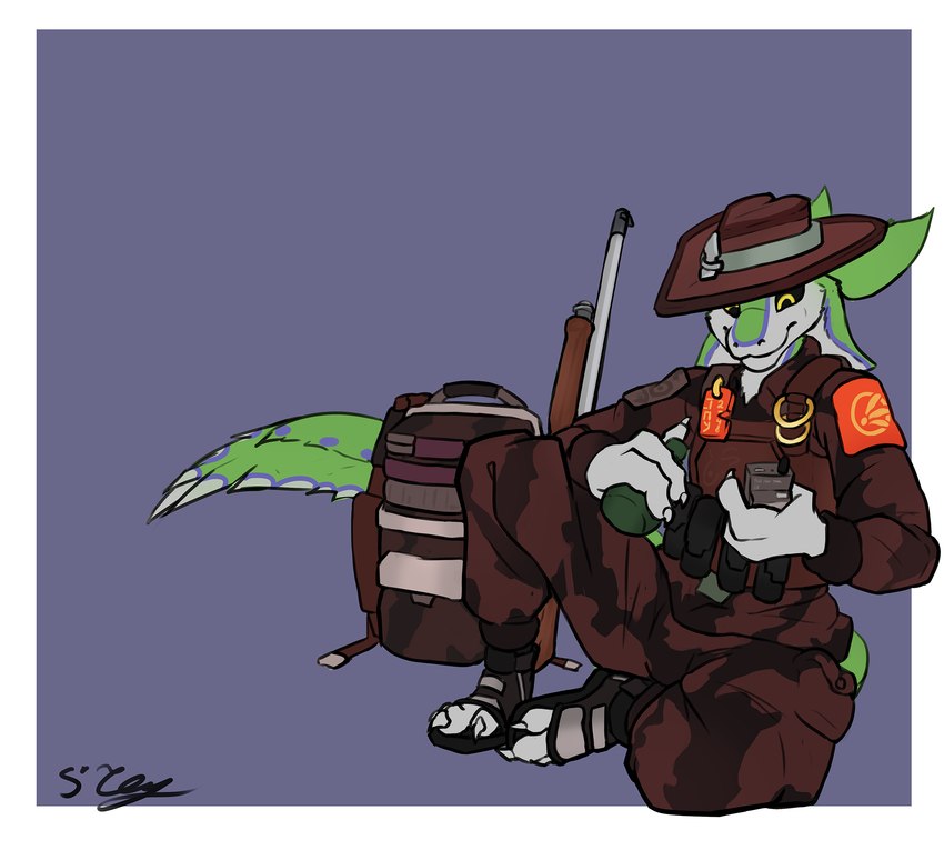 4_ears anthro backpack clothed clothing feet footwear gun hat headgear headwear holding_object male multi_ear ranged_weapon simple_background smile solo tail toes weapon sjey_arts project_silverfish rhaaka_avali avali avian digital_media_(artwork) hi_res