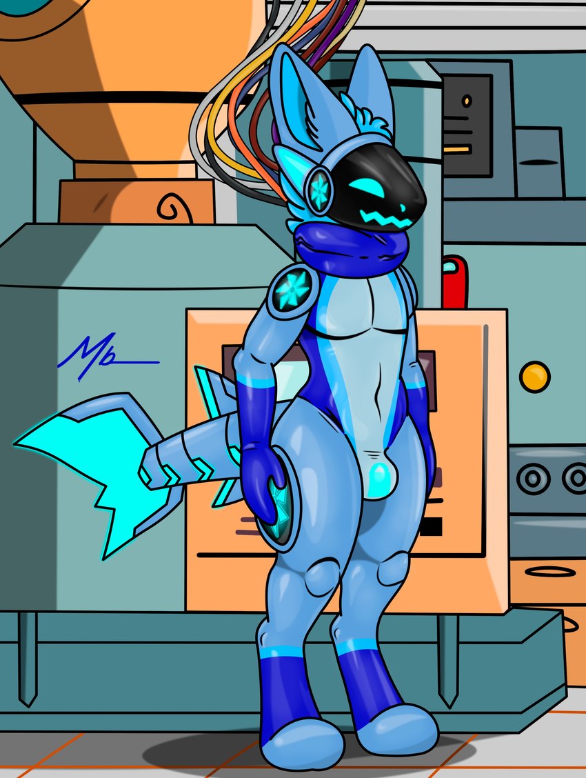 anthro clothing drone industrial_background latex latex_clothing machine male null_bulge reprogramming shark_tail solo blue_omega protogen robot absurd_res hi_res