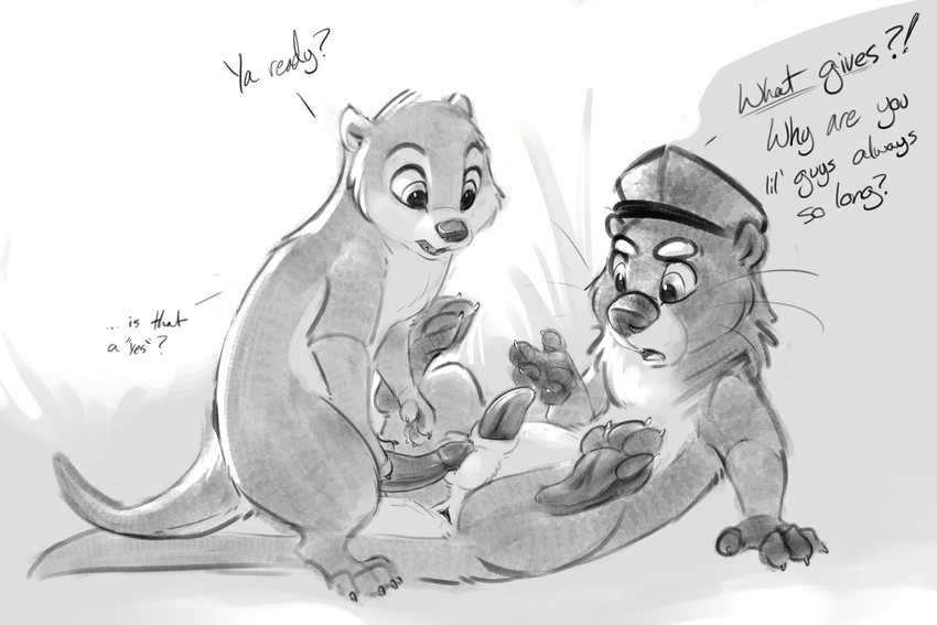 anus balls butt dialogue duo erection fur genitals male male/male open_mouth pawpads paws penis tail text carrot_(artist) the_forest_of_love kairan maverick_clamshucker mammal mustelid otter river_otter hi_res monochrome