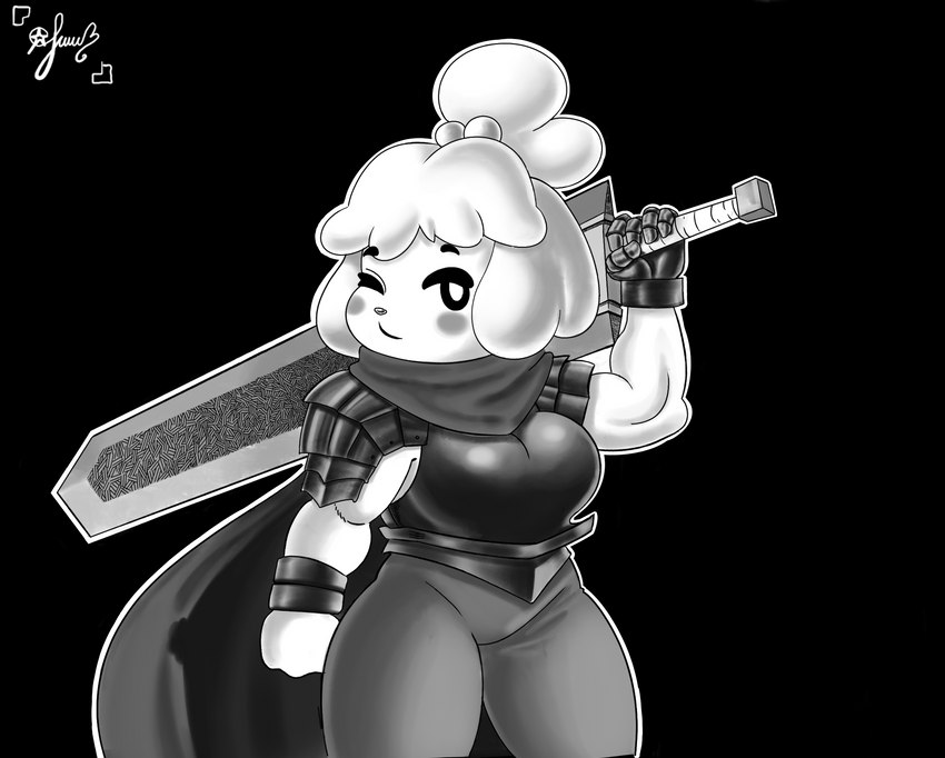 anthro armor bottomwear clothing cosplay crossover_cosplay dragon_slayer_(berserk) female gloves handwear melee_weapon muscular muscular_anthro muscular_female pants scarf solo sword weapon panthera_cantus animal_crossing berserk_(series) nintendo guts_(berserk) isabelle_(animal_crossing) canid canine canis domestic_dog mammal crossover greyscale hi_res monochrome