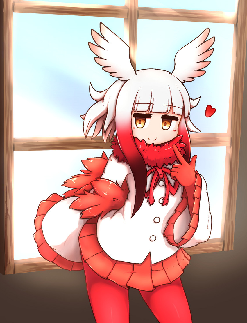 bottomwear clothed clothing fully_clothed gesture hand_gesture head_wings heart_symbol looking_at_viewer pleated_skirt pointing red_bottomwear red_clothing red_skirt skirt smile solo topwear unusual_wing_placement white_clothing white_topwear window wings aticotta kemono_friends japanese_crested_ibis_(kemono_friends) animal_humanoid avian avian_humanoid bird bird_humanoid humanoid ibis_humanoid pelecaniform pelecaniform_humanoid threskiornithid threskiornithid_humanoid hi_res