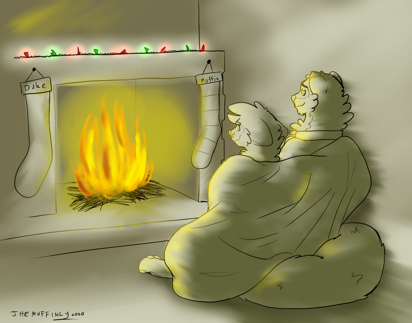 anthro bedding big_tail blanket christmas_lights clothing cuddling duo fire fireplace holidays huge_tail hyper hyper_tail legwear male stockings tail themuffinly christmas duke_(pnspi) muffin_(themuffinly) domestic_ferret mammal mustelid musteline true_musteline weasel