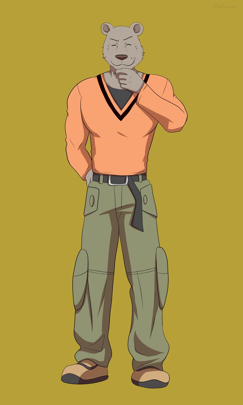 anthro belt bottomwear brown_body brown_fur clothed clothing cosplay crossover_cosplay eyes_closed footwear fur gym_leader hand_behind_back hand_on_chin male pants shirt shoes smile solo standing topwear tommysamash beastars nintendo pokemon brock_(pokemon) pokemon_trainer riz_(beastars) bear mammal ursine 2022 absurd_res crossover digital_media_(artwork) hi_res