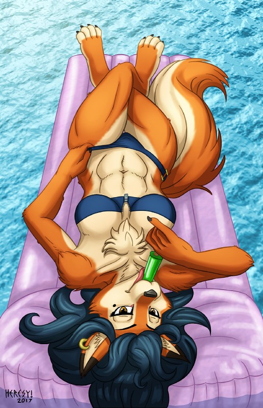 4_toes 5_fingers abs anthro athletic athletic_female bikini blue_hair breasts brown_eyes chest_tuft clothed clothing crossed_legs dipstick_ears ear_markings ear_piercing eyebrows eyelashes feet female fingers fluffy fluffy_tail food fur hair inflatable inner_ear_fluff licking looking_at_viewer markings mole_(marking) multicolored_body multicolored_ears multicolored_fur orange_body orange_fur outside piercing pool_toy popsicle seductive skimpy solo suggestive swimming swimwear tail thigh_gap toes tongue tongue_out tuft two-piece_swimsuit two_tone_body two_tone_fur unzipped_swimwear water waterscape zipper zipper_bikini zipper_down zipper_swimwear heresy_(artist) sly_cooper_(series) sony_corporation sony_interactive_entertainment sucker_punch_productions carmelita_fox canid canine fox mammal 2017 digital_media_(artwork) hi_res shaded