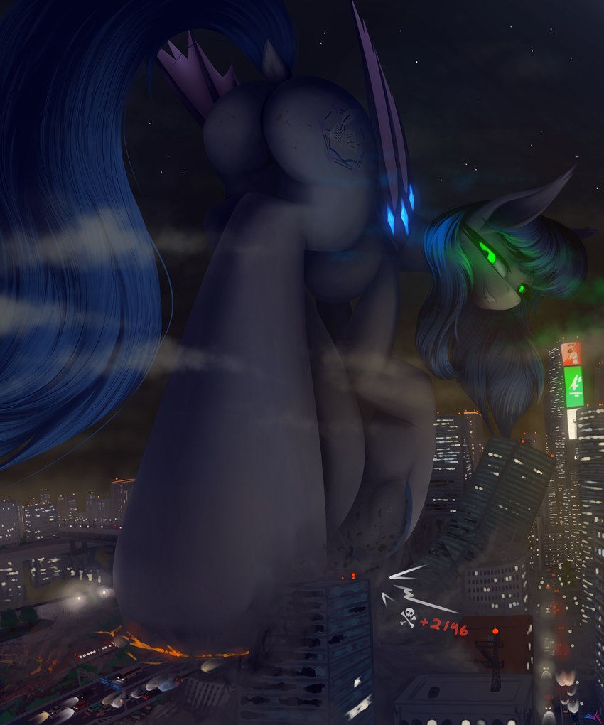 city city_crushing crush death_count destroyed_building extreme_size_difference female feral hooves implied_snuff looking_back looking_pleasured macro night not_furry size_difference solo stomped stomping underhoof darky_wings hasbro my_little_pony starlight_classics_(oc) bat_pony equid equine horse mammal pony 5:6 absurd_res hi_res