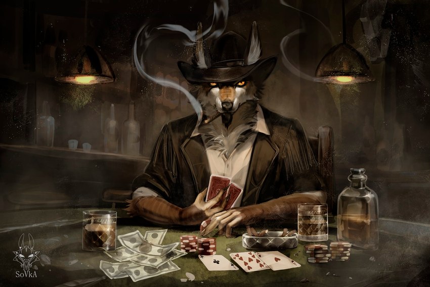 alcohol anthro beverage black_nose brown_body brown_fur card cigarette clothing cowboy fur hat headgear headwear male money playing_card poker smoking solo yellow_eyes drawing_sofa canid canine mammal