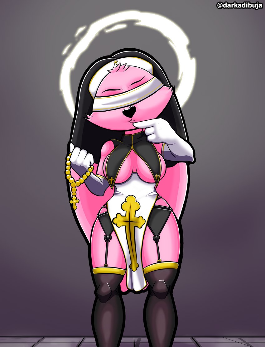 anthro armwear big_breasts breasts clothed clothing elbow_gloves female fur gloves handwear legwear lingerie nun_outfit pink_body pink_fur solo stockings darkadibuja darkest_dungeon lagomorph leporid mammal rabbit rebecca_(disambiguation) absurd_res hi_res