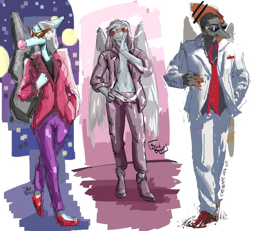 anthro blue_body bubble_gum clothed clothing eyewear fashion female grey_body grey_hair group hair long_hair male necktie open_clothing open_topwear smoking standing suit sunglasses topwear trio wings catheadyy cavemanon_studios goodbye_volcano_high snoot_game fang_(gvh) naser_(gvh) tusk_(snoot_game) dinosaur prehistoric_species pterodactylus pterosaur reptile scalie digital_media_(artwork) digital_painting_(artwork) hi_res