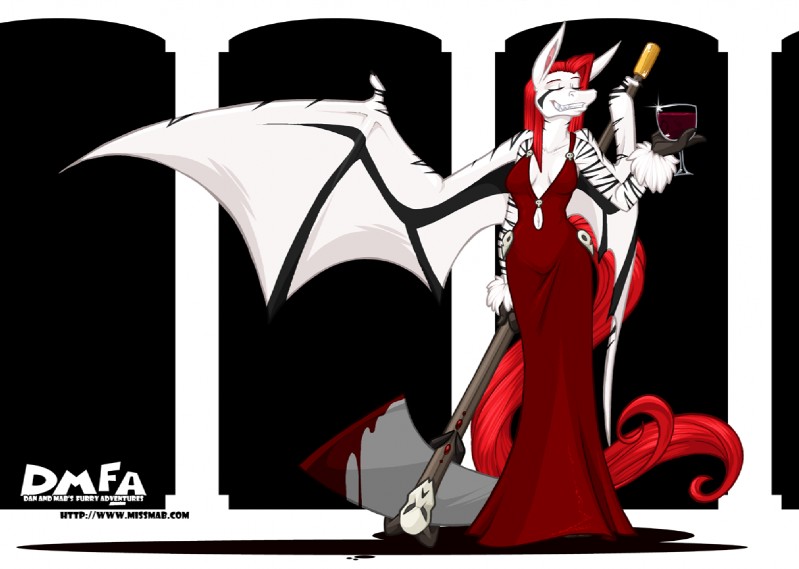 alcohol anthro axe beverage black_stripes blood bodily_fluids breasts cleavage clothed clothing dress eyes_closed female fur hair long_hair melee_weapon red_hair solo stripes weapon white_body white_fur wine amber_williams dan_and_mab's_furry_adventures kria_soulstealer demon equid equine mammal zebra