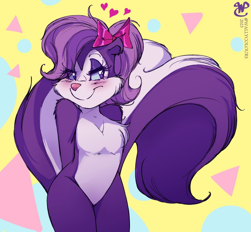 anthro big_tail blush blushing_profusely female fluffy fluffy_chest fur hair half-closed_eyes lidded_eyes multicolored_body multicolored_fur narrowed_eyes pink_bow pink_nose purple_body purple_fur purple_hair skunk_tail smile solo tail white_body white_fur white_striped_fur walliscolours tiny_toon_adventures tiny_toons_looniversity warner_brothers fifi_la_fume mammal mephitid skunk 2023 colored digital_drawing_(artwork) digital_media_(artwork) hi_res