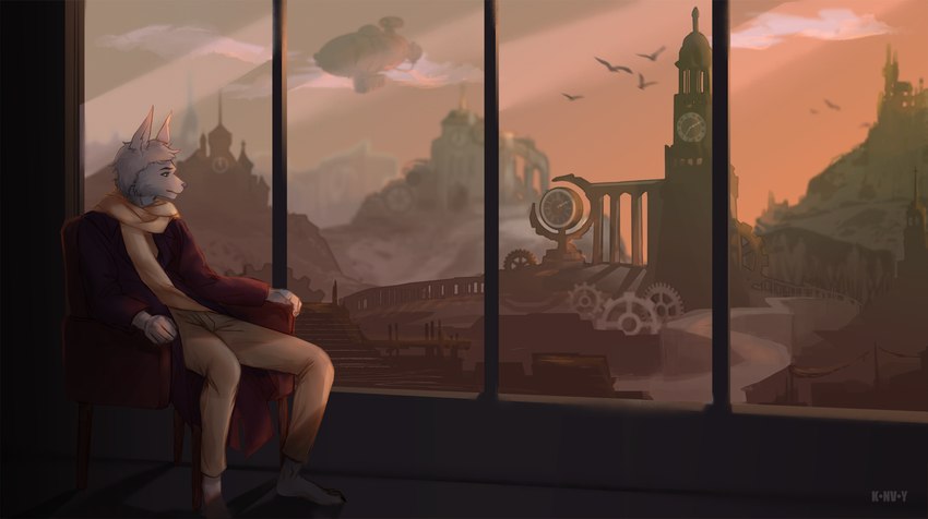 aircraft airship alternative_fashion anthro clock clock_tower clothing cloud hair jacket male scarf scenery sitting sky solo steampunk structure topwear vehicle white_body white_hair window kirkir avian bird canid canine canis mammal wolf 2020 digital_drawing_(artwork) digital_media_(artwork) hi_res signature