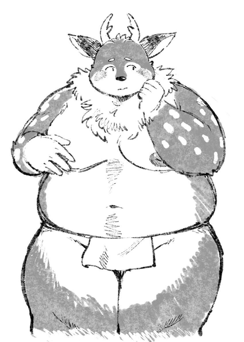 anthro antlers asian_clothing belly blush clothing east_asian_clothing embarrassed fundoshi fupa fur horn japanese_clothing male markings moobs navel nipples overweight overweight_male solo spots spotted_body spotted_fur underwear sv_grart tamacolle kazusa deer mammal greyscale hi_res monochrome