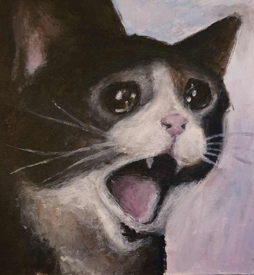 ambiguous_gender feral open_mouth pink_nose solo tongue whiskers noveon crying_cat real_world yamero domestic_cat felid feline felis mammal hi_res icon meme oil_painting_(artwork) painting_(artwork) reaction_image traditional_media_(artwork)