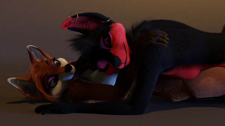 anthro black_body black_fur brown_background brown_eyes duo ear_piercing ear_ring female female/female fur piercing red_body red_fur ring_piercing simple_background titord zoe_(nnecgrau) canid canine fox mammal 16:9 3d_(artwork) digital_media_(artwork) hi_res widescreen