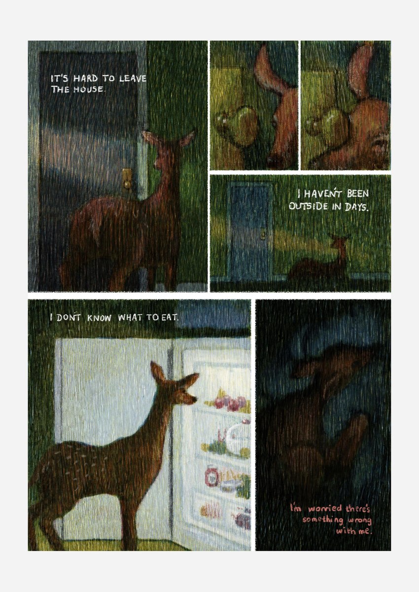 ambiguous_gender appliance depression feral fridge inside kitchen_appliance solo text hsiangarts deer mammal absurd_res comic english_text hi_res traditional_media_(artwork)