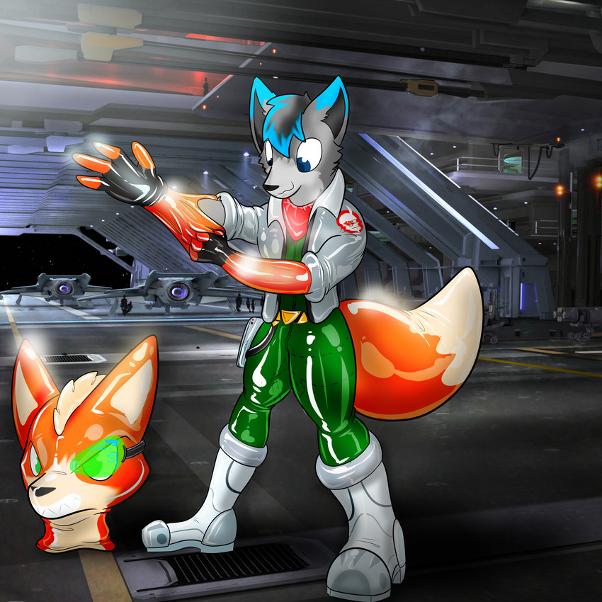 anthro clothing costume costume_transformation latex latex_clothing latex_skinsuit male rubber_clothing skinsuit solo suit suit_transformation tight_clothing transformation how2101 nintendo star_citizen star_fox fox_mccloud canid canine fox mammal 1:1 absurd_res hi_res