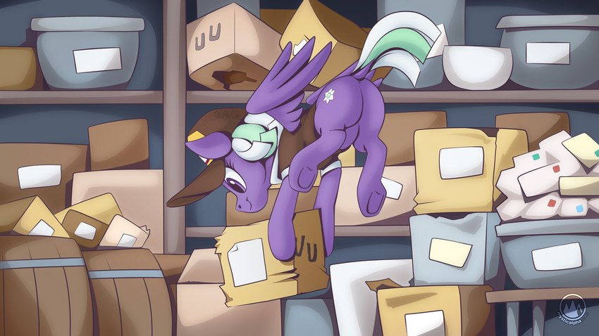 box butt clothing container cutie_mark delivery_(commerce) delivery_employee dock_(anatomy) female feral hat headgear headwear holding_object hooves mail postal_carrier postal_delivery purple_body purple_eyes raised_tail solo tail underhoof uniform wings working mysticalpha hasbro my_little_pony mythology appointed_rounds_(mlp) equid equine mammal mythological_creature mythological_equine pegasus 16:9 hi_res widescreen