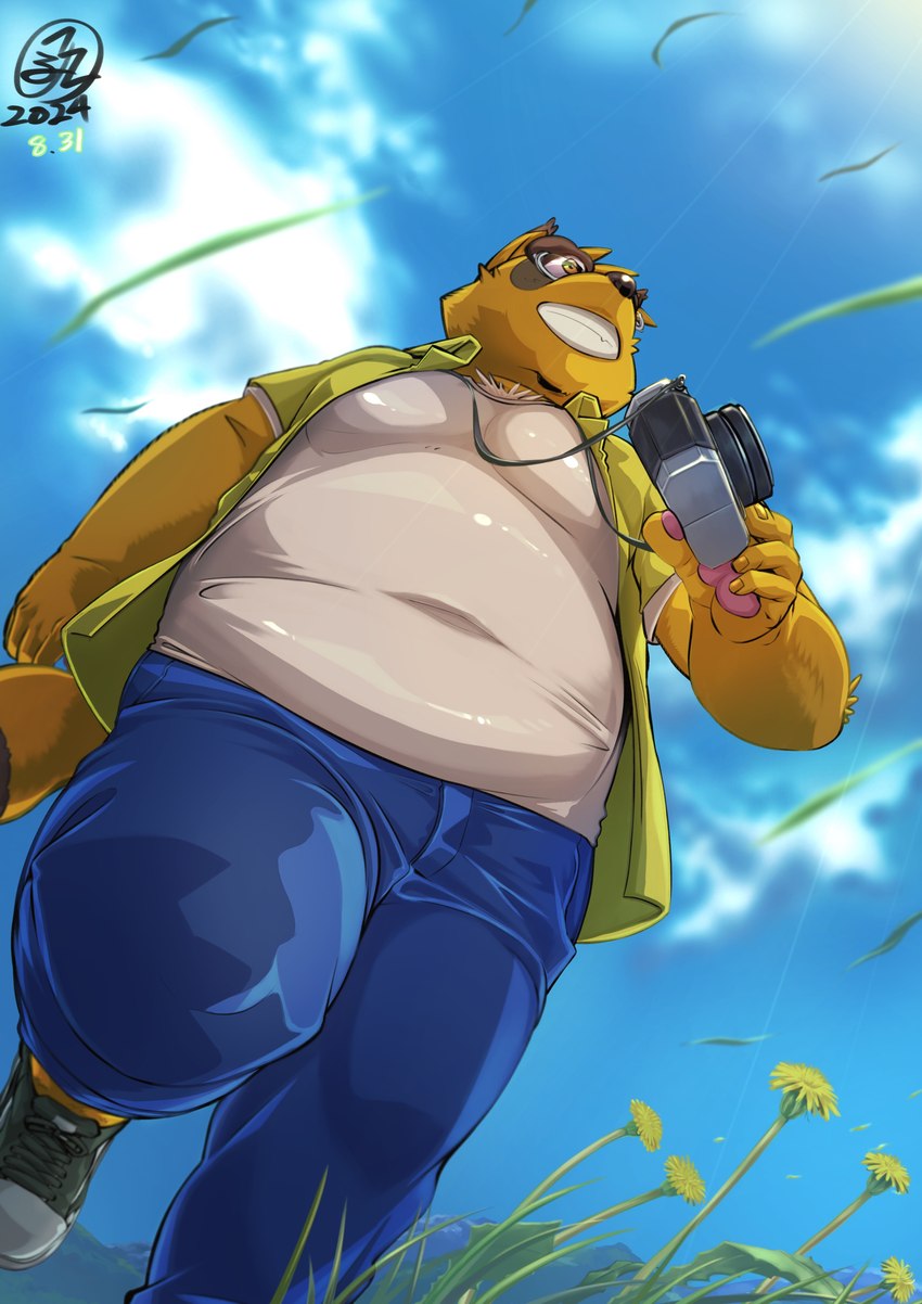 anthro black_nose bottomwear brown_body camera clothing cloud detailed_background eyewear glasses kemono male outside overweight overweight_male pants shirt solo topwear walking mesidukainumaru morenatsu kounosuke_(morenatsu) canid canine mammal raccoon_dog tanuki 2024 absurd_res hi_res