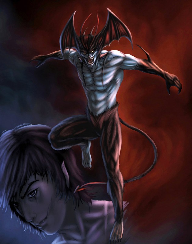 abs biceps claws duo fur grin head_wings horn looking_at_viewer male membrane_(anatomy) membranous_wings muscular navel nude pecs smile solo_focus square_crossover tail teeth unusual_wing_placement wings yellow_eyes victor_bartlett devilman_(series) akira_fudo_(devilman) devilman_(character) demon human humanoid mammal winged_humanoid