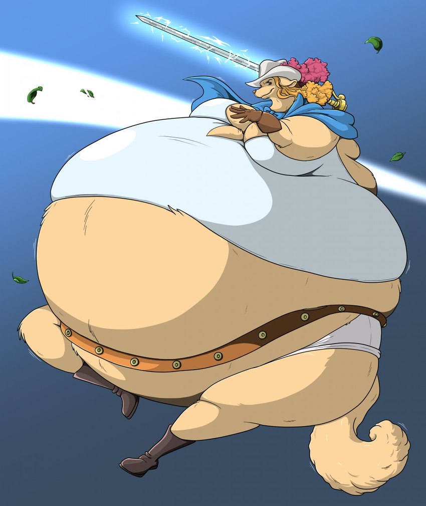 anthro belly belt big_belly boots bottomwear breasts cape clothing electric_sword electricity female footwear fur gloves hair handwear hat headgear headwear holding_melee_weapon holding_object holding_sword holding_weapon huge_belly hyper hyper_belly jumping leaf looking_at_viewer melee_weapon midair morbidly_obese morbidly_obese_anthro morbidly_obese_female obese obese_anthro obese_female overweight overweight_anthro overweight_female pose shoes smile solo sword topwear weapon hectorthewolf one_piece wanda_(one_piece) canid canine canis domestic_dog mammal 2017 hi_res