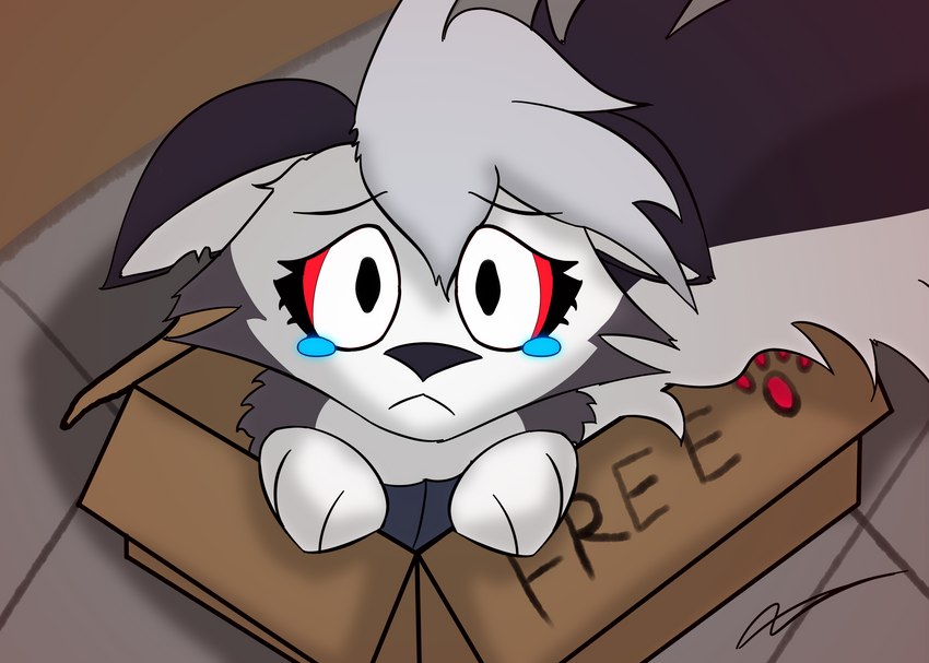 abandoned adoption_box anthro bodily_fluids box cardboard cardboard_box container female solo tears young young_anthro kamperkiller_(artist) helluva_boss mythology loona_(helluva_boss) canid canid_demon canine demon hellhound mammal mythological_canine mythological_creature hi_res