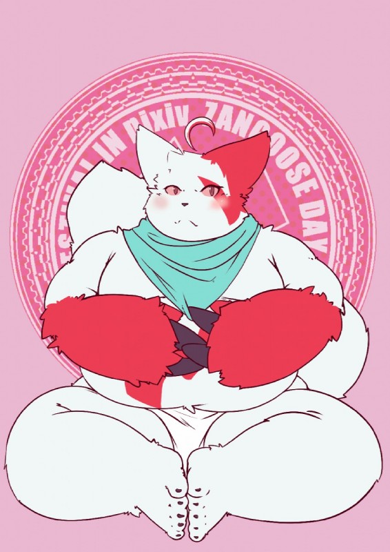 5_toes ambiguous_gender anthro belly blush feet fur kerchief markings overweight overweight_anthro pink_background pink_sclera red_markings simple_background solo toes white_body white_fur mangolynx nintendo pokemon zangoose_day generation_3_pokemon pokemon_(species) zangoose hi_res