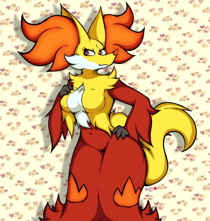 anthro breast_curtains breasts fangs female hand_on_breast hand_on_hip inner_ear_fluff looking_at_viewer mature_anthro mature_female medium_breasts navel red_eyes simple_background smile solo standing teeth tuft wide_hips mahoxy nintendo pokemon canid delphox generation_6_pokemon mammal pokemon_(species) absurd_res hi_res