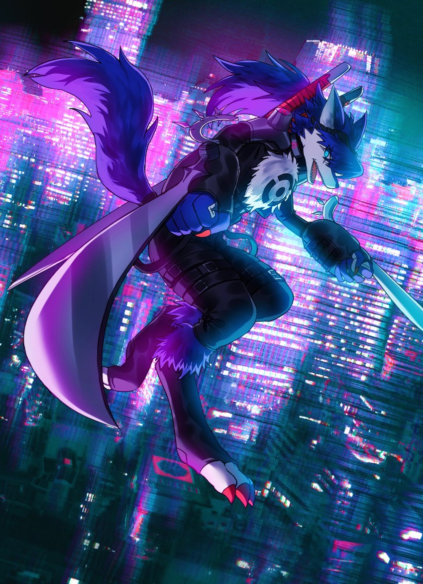 anthro blue_body blue_fur claws colored_nails eyewear eyewear_on_head fur goggles goggles_on_head hair long_hair male mane mane_hair melee_weapon nails solo sword weapon asin_567 bandai_namco digimon appmon_(species) digimon_(species) shutmon hi_res