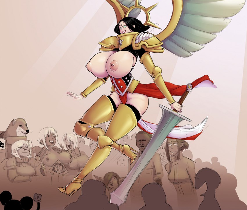 anthro areola armor big_breasts black_hair breasts brown_background exposed_breasts female green_eyes group hair holding_melee_weapon holding_object holding_sword holding_weapon huge_breasts male melee_weapon nipples pink_areola pink_nipples simple_background smile sword tan_body tan_skin thick_thighs weapon wide_hips wings darkminou disney dogelore warhammer_(franchise) warhammer_40000 cheems mickey_mouse saint_celestine ssethtzeentach angel canid canine canis domestic_dog goblin human humanoid living_saint mammal mouse murid murine rodent shiba_inu spitz winged_humanoid meme