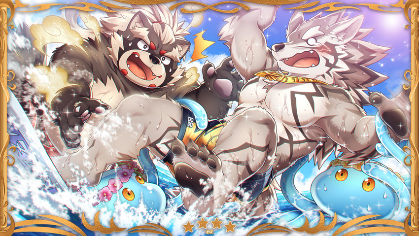 anthro brown_body brown_fur countershading duo fur kemono male outside overweight overweight_male surprise tentacles water wet white_body hinami lifewonders tokyo_afterschool_summoners goemon_(tas) seth_(tas) canid canine canis jackal mammal raccoon_dog tanuki 2021 official_art