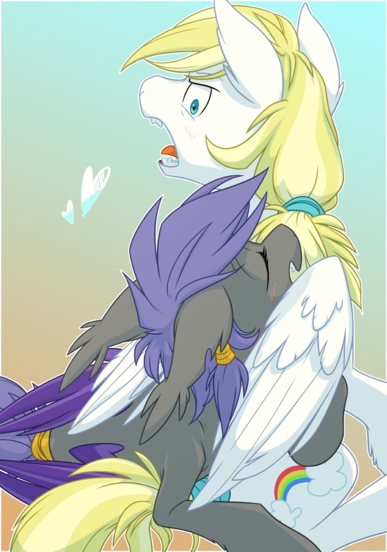 blonde_hair blue_eyes cutie_mark duo eyelashes female feral fur grey_body grey_fur hair heart_symbol male membrane_(anatomy) membranous_wings open_mouth purple_hair simple_background smile teeth tongue white_body white_fur wings goatanimedatingsim hasbro my_little_pony mythology cloud_skipper_(mlp) fan_character midnight_blossom bat_pony equid equine mammal mythological_creature mythological_equine pegasus absurd_res hi_res