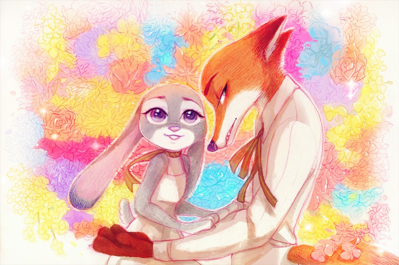 abstract_background anthro choker claws clothing dress duo female frown fur green_eyes grey_body grey_fur jewelry long_ears looking_at_viewer looking_back male necklace orange_body orange_fur purple_eyes ribbons smile weketa disney zootopia judy_hopps nick_wilde canid canine fox lagomorph leporid mammal rabbit red_fox true_fox digital_media_(artwork)