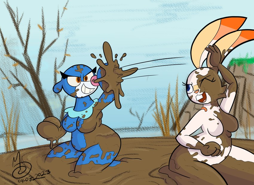 anthro breasts duo female kneeling messy mud mud_fight muddy nude one_eye_closed open_mouth slightly_chubby swamp throwing sebaku nintendo pokemon generation_7_pokemon generation_8_pokemon pokemon_(species) popplio scorbunny absurd_res hi_res