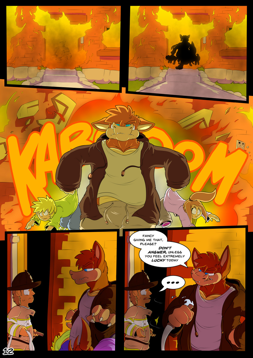 anthro bag explosion fancomic female fire fire_engine firefighter male new_york_city text truck_(vehicle) turnout_gear vehicle arty_stu activision crash_bandicoot_(series) dingodile canid canine canis crocodile crocodilian crocodylid dingo human hybrid mammal reptile scalie comic english_text hi_res