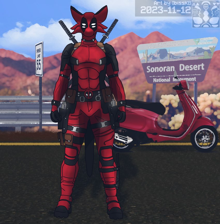 4_eyes abs anthro antihero arecibo_message asphalt badge belt belt_buckle boots buckle clothing cosplay costume day desert dual_handguns dual_swords footwear gloves guardrail gun handgun handwear hill katana landscape landscape_background leather logo male mask melee_weapon mercenary motor_scooter motor_vehicle motorcycle multi_eye muscular muscular_male outside pouch_(clothing) prick_ears ranged_weapon red_motorcycle road_sign shoes sign sky slim solo sonoran_desert standing superhero superhero_costume sword sword_on_back tail text tight_clothing united_states_of_america vehicle weapon wearing_mask ibisskb marvel deadpool ibiss alien amphibian axolotl felid feline hybrid mammal marine mole_salamander reptile salamander scalie 2023 artist_logo artist_name dated english_text full-length_portrait hi_res portrait watermark