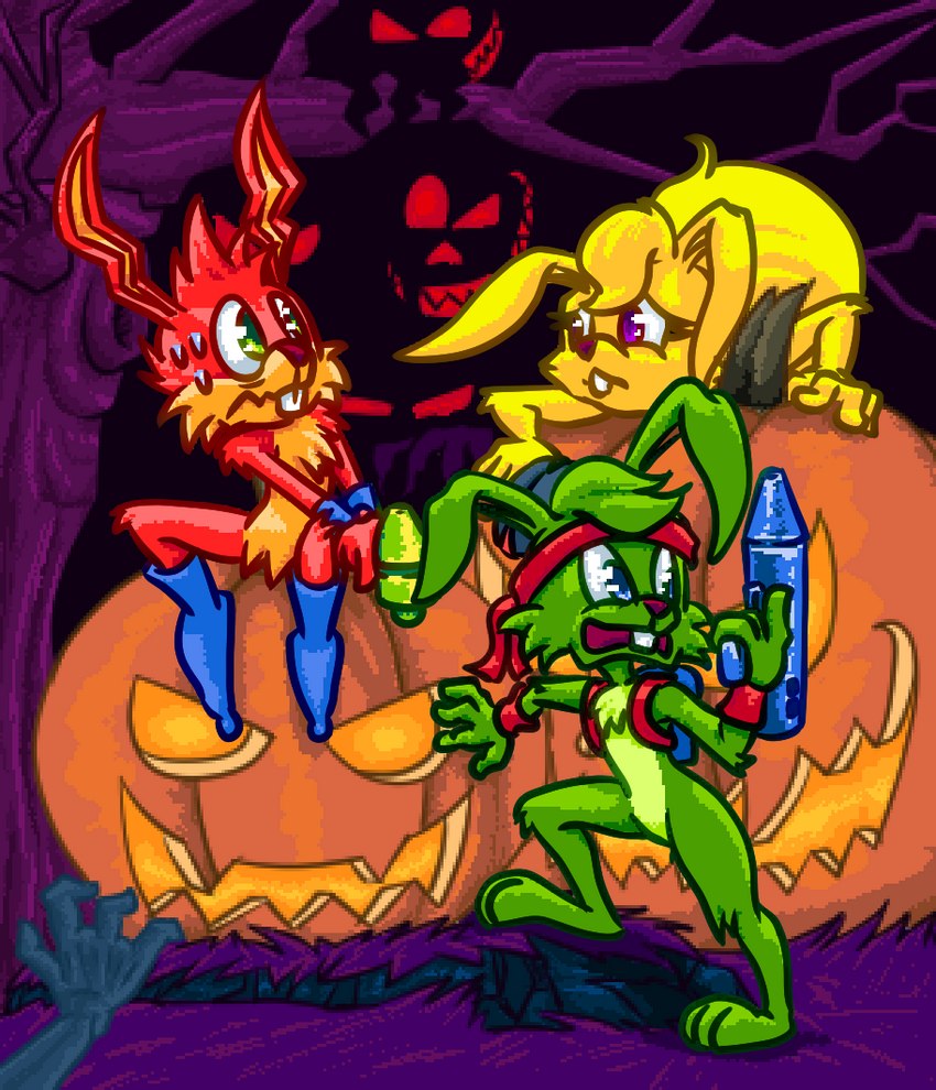 anthro creepy female food forest fruit group holidays jack-o'-lantern male plant pumpkin scared toony tree trio turkojar epic_games halloween jazz_jackrabbit_(series) jazz_jackrabbit lori_jackrabbit spaz_jackrabbit hare lagomorph leporid mammal shadow_creature sibling_(lore)