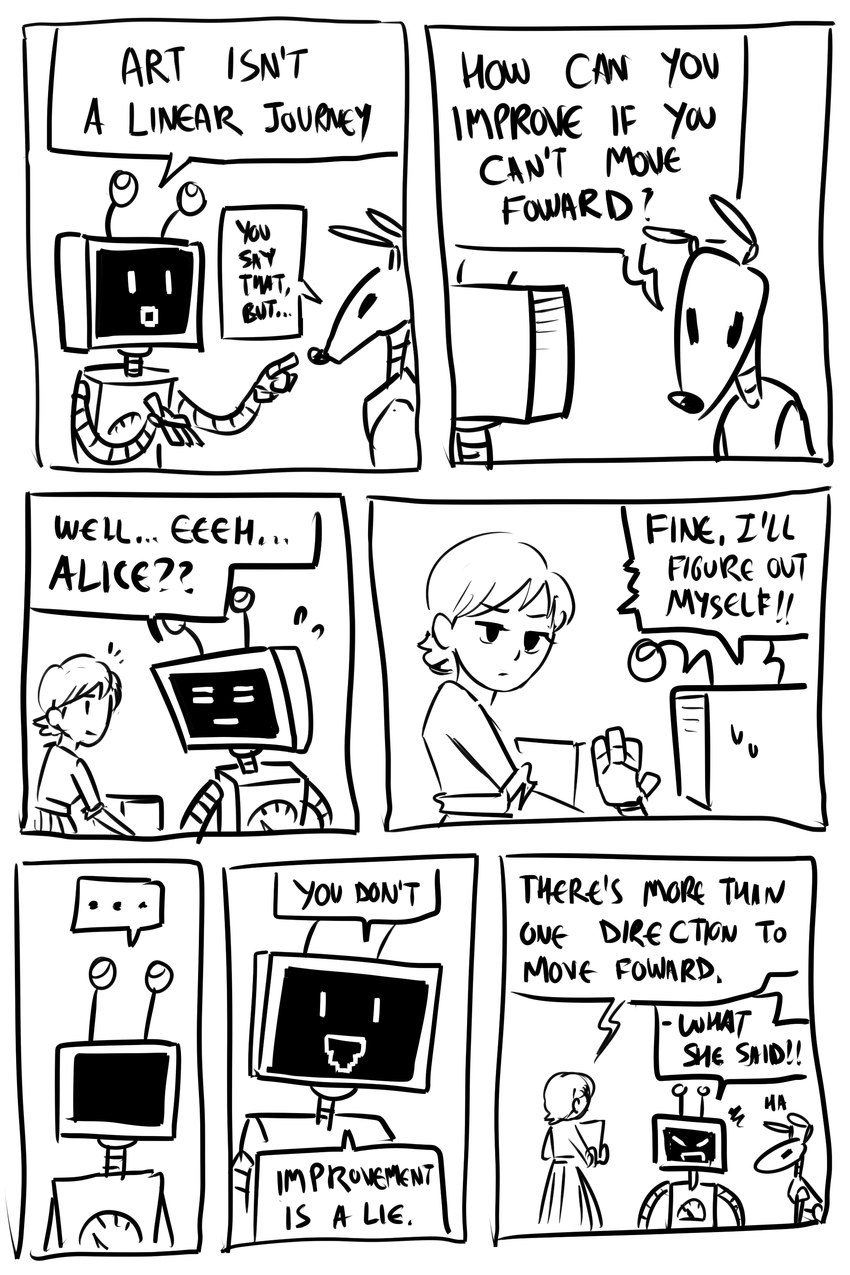 7_panel_comic ambiguous_gender black_eyes black_nose black_text bodily_fluids box clothed clothing container dialogue ellipsis exclamation_point eyebrows fingers gesture group hair hand_gesture holding_box holding_container holding_object looking_at_another machine mouth_closed open_mouth open_smile pointing question_mark simple_background smile speech_bubble sweat sweatdrop talking_to_another text text_box trio white_background flavia-elric canid canine canis domestic_dog human mammal robot 2020 2:3 absurd_res black_and_white comic digital_media_(artwork) english_text hi_res monochrome