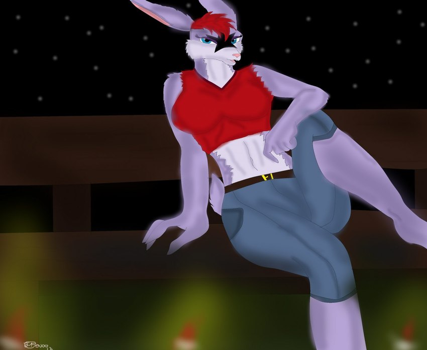 anthro belt bench bottomwear clothed clothing female fur hair half-closed_eyes leaning leaning_backward looking_at_viewer narrowed_eyes night on_bench open_mouth shirt shorts sitting sitting_on_bench sky solo star starry_sky tank_top teeth topwear jimfoxx venus_thompson lagomorph leporid mammal rabbit 2012 signature