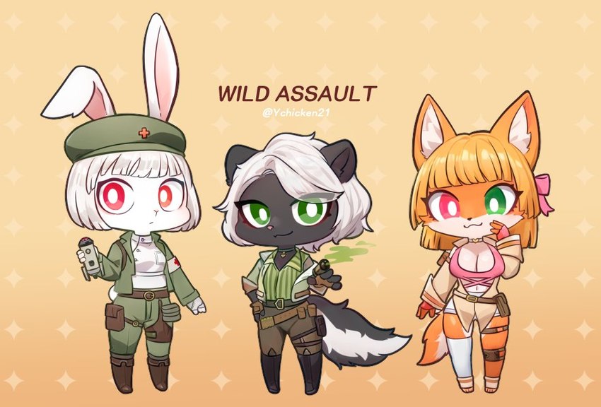 accessory anthro belt black_body black_fur bottomwear bow_ribbon breasts chibi cleavage clothed clothing detailed_background female floppy_ears fully_clothed fur green_clothing green_eyes green_shirt green_topwear group hair hair_accessory hair_bow hair_ribbon hat headgear headwear heterochromia jacket looking_at_another looking_at_viewer medical_instrument military multicolored_body multicolored_fur orange_body orange_fur pants piercing ranged_weapon red_eyes ribbons scientific_instrument shirt soldier tail text topwear trio two_tone_body two_tone_fur warrior weapon white_body white_fur white_hair fchicken combat_cat_studio wild_assault akai_hime_(wild_assault) hongying_(wild_assault) marquez_(wild_assault) canid canine fox lagomorph leporid mammal mephitid rabbit red_fox skunk true_fox 2024 artist_name english_text