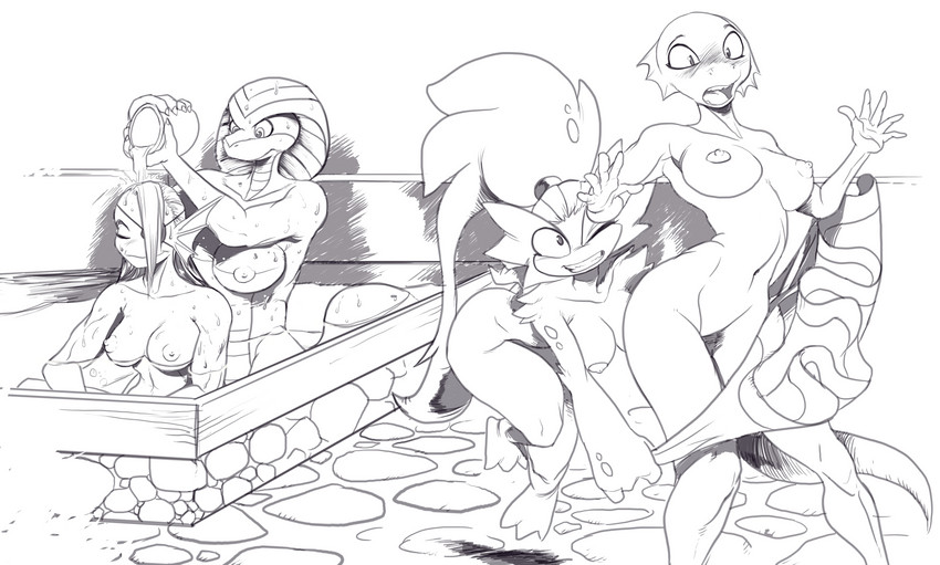 anthro bath breasts bullying butt eye_patch eyewear female group hair nipples non-mammal_breasts non-mammal_nipples prank snake_hood wide_hipped_female wide_hips nauyaco bethesda_game_studios microsoft oblivion scalie_schoolie the_elder_scrolls undertale undertale_(series) liska_(scalie_schoolie) quill-weave shandi undyne argonian fish marine reptile scalie hi_res monochrome