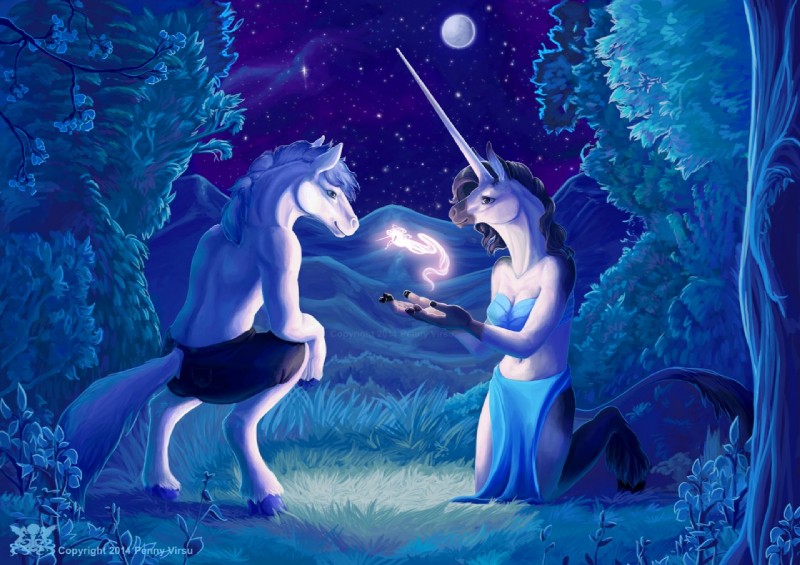 anthro black_hair blue_hair bottomwear bra clothed clothing crouching detailed_background duo feathering female full_moon fur grass hair hooves horn kneeling landscape loincloth magic magic_user male moon mountain night outside plant shorts shrub sky smile star starry_sky tail tail_tuft topless tree tuft underwear white_body white_fur penny-dragon mythology copper_soul-fate draft_horse equid equine friesian horse mammal mythological_creature mythological_equine unicorn 2014 digital_media_(artwork) digital_painting_(artwork) watermark