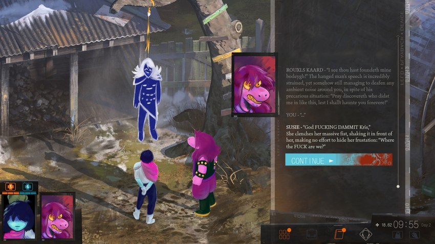 anthro armband blue_body bracelet clothed clothing dialogue female group hair hanged humor jewelry long_hair male obscured_eyes parody profanity purple_body purple_hair screencap screencap_background spiked_armband spiked_bracelet spikes text text_box trio white_hair yellow_sclera thekeadane deltarune disco_elysium kris_where_are_we undertale_(series) kris_(deltarune) rouxls_kaard susie_(deltarune) darkner dinosaur human humanoid mammal prehistoric_species reptile scalie 16:9 2021 crossover english_text hi_res meme widescreen