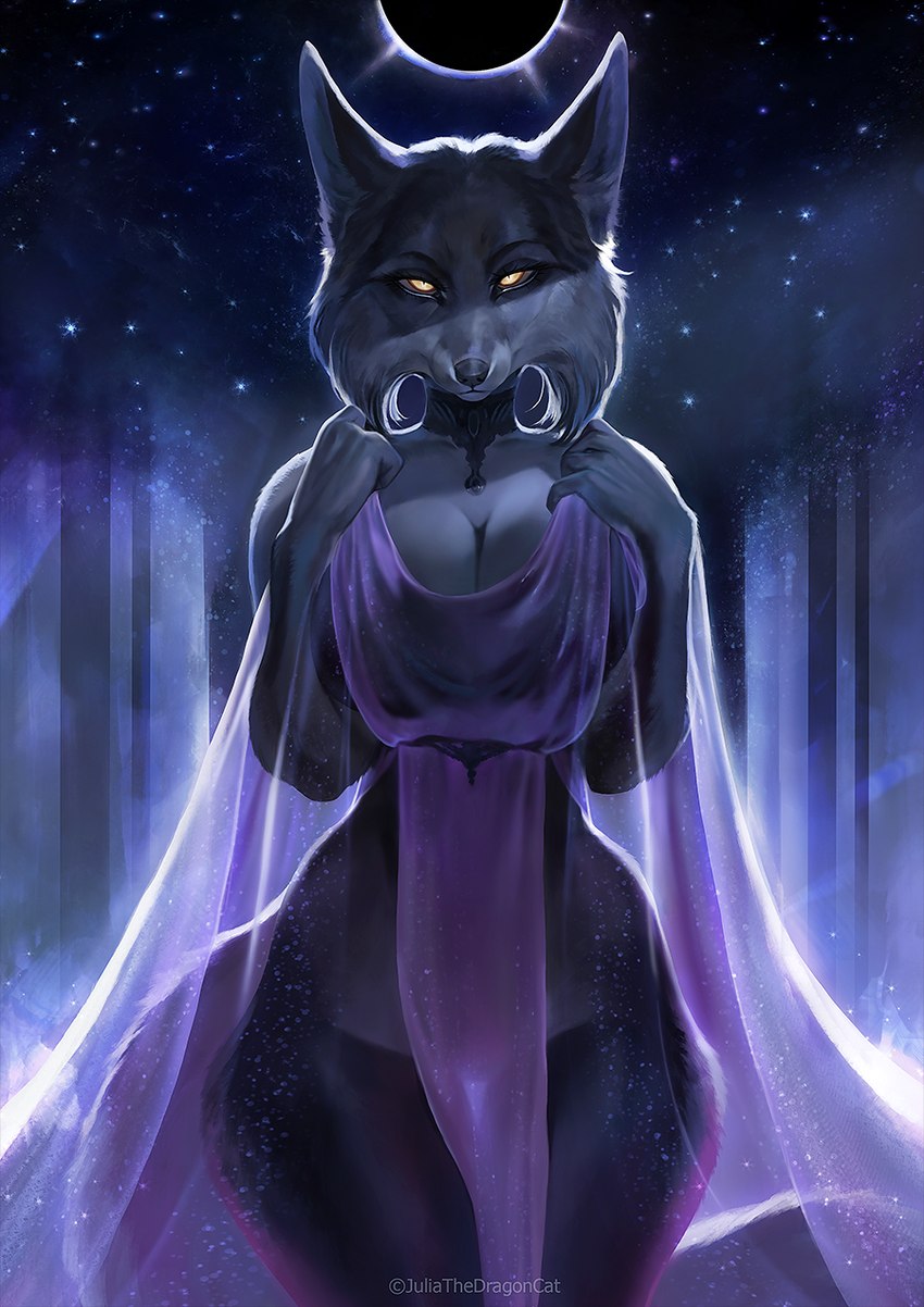 anthro big_breasts breasts cleavage clothed clothing female fur looking_at_viewer solo wide_hips juliathedragoncat canid canine canis mammal wolf 2023 hi_res